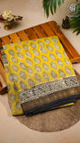 Yellow & Black Floral Handblocked Pure Maheshwari Cotton Silk Sarees