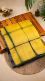 Yellow & Navy Blue Handblocked Maheshwari Silk Cotton Saree
