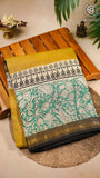 Yellow Green & Black Handblocked Maheshwari Silk Cotton Saree
