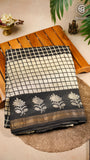 White and Black Checkered Handblocked Pure Maheshwari Cotton Silk Sarees