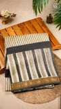 White & Black Line Patterned Handblocked Pure Maheshwari Cotton Silk Sarees