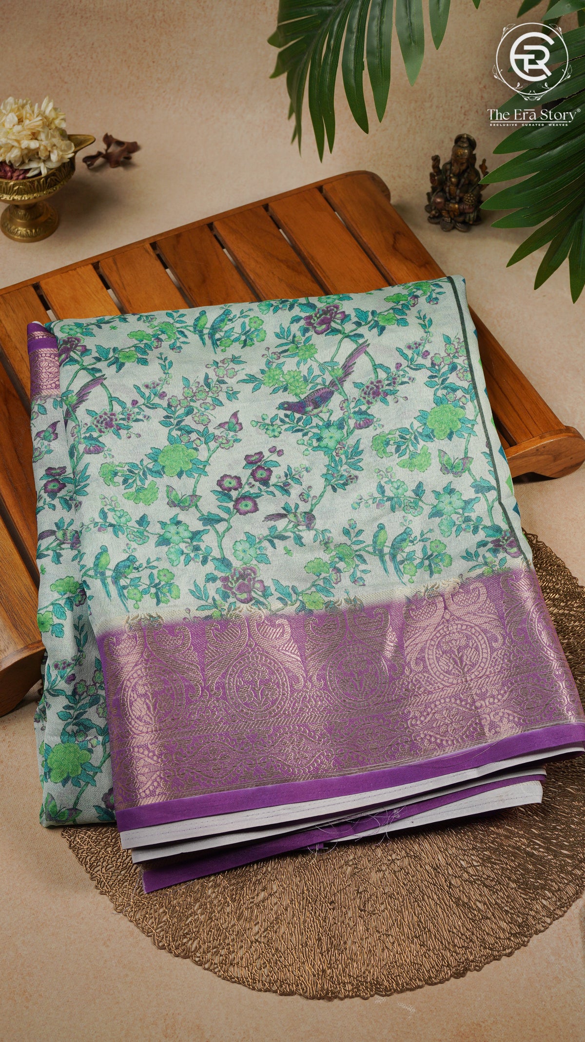 Green and Violet Floral and Bird Fancy Georgette Saree