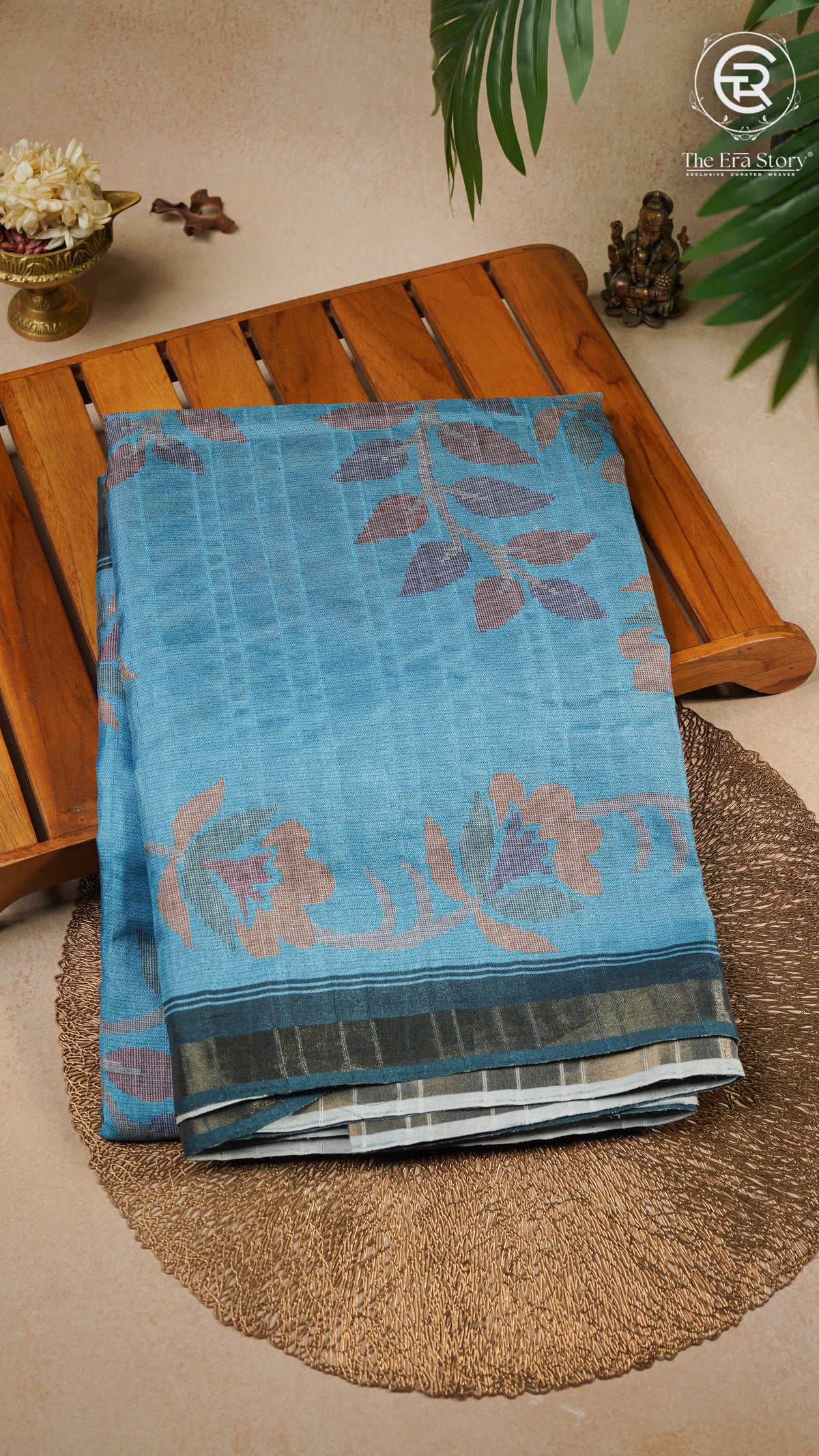 Blue Green & Gold Floral Printed Tussar Silk Saree