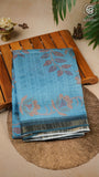 Blue Green & Gold Floral Printed Tussar Silk Saree