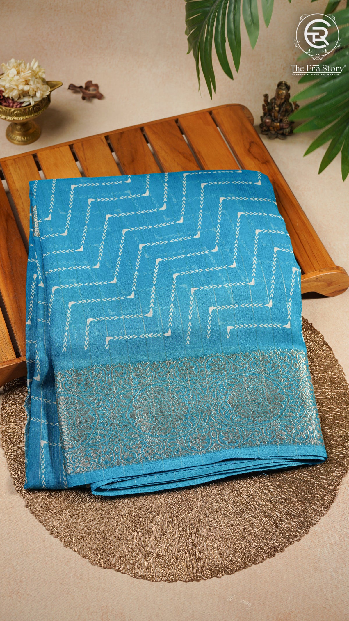 Olympic Blue Zig Zag Pattern with Floral Gold Brocade Traditional Border Fancy Georgette Saree