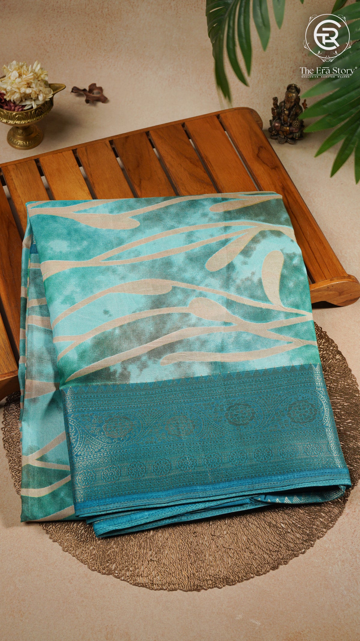Sea Blue Green Abstract Dola Silk Saree