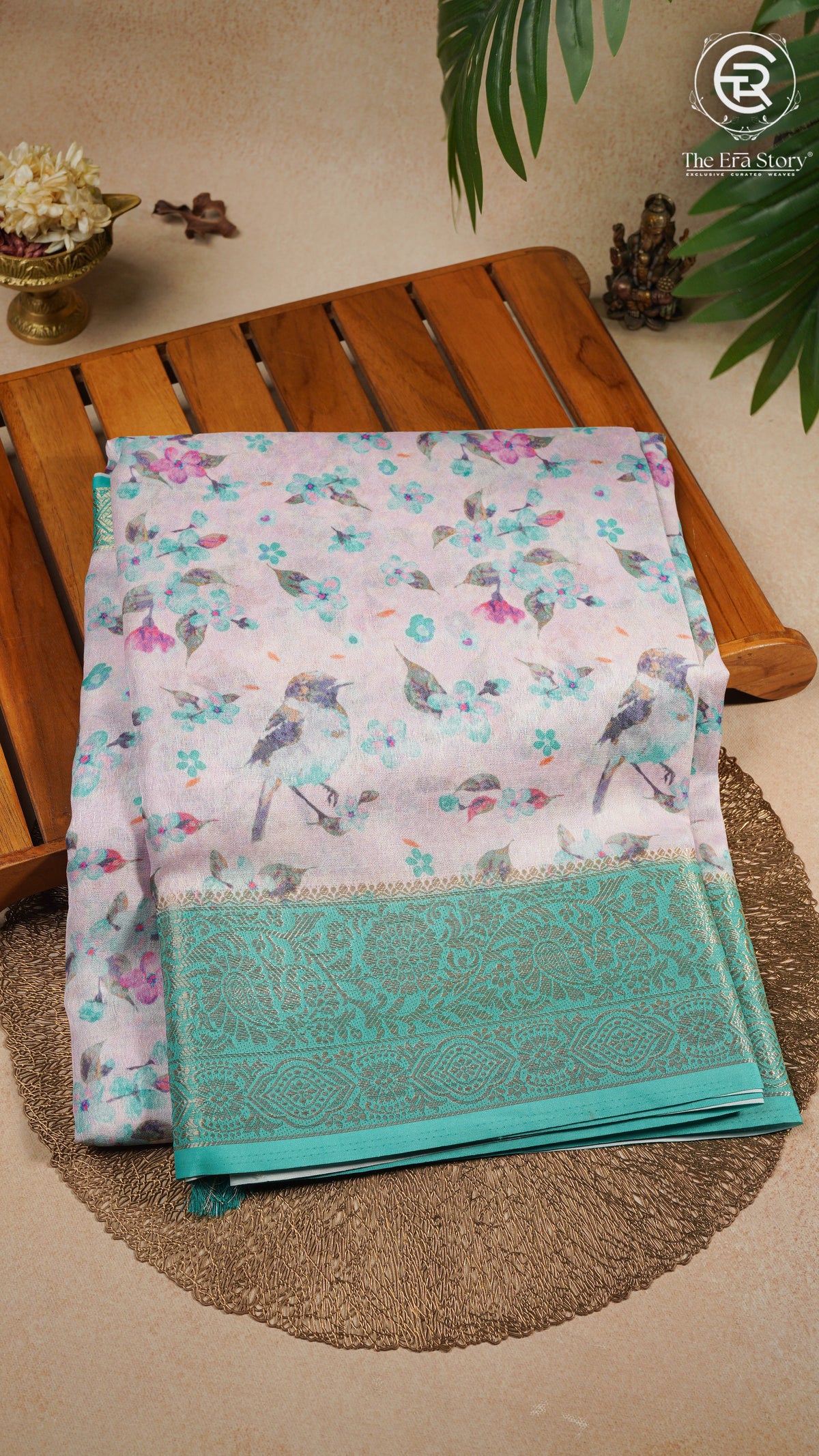 Green Beige Floral and Bird Fancy Georgette Saree