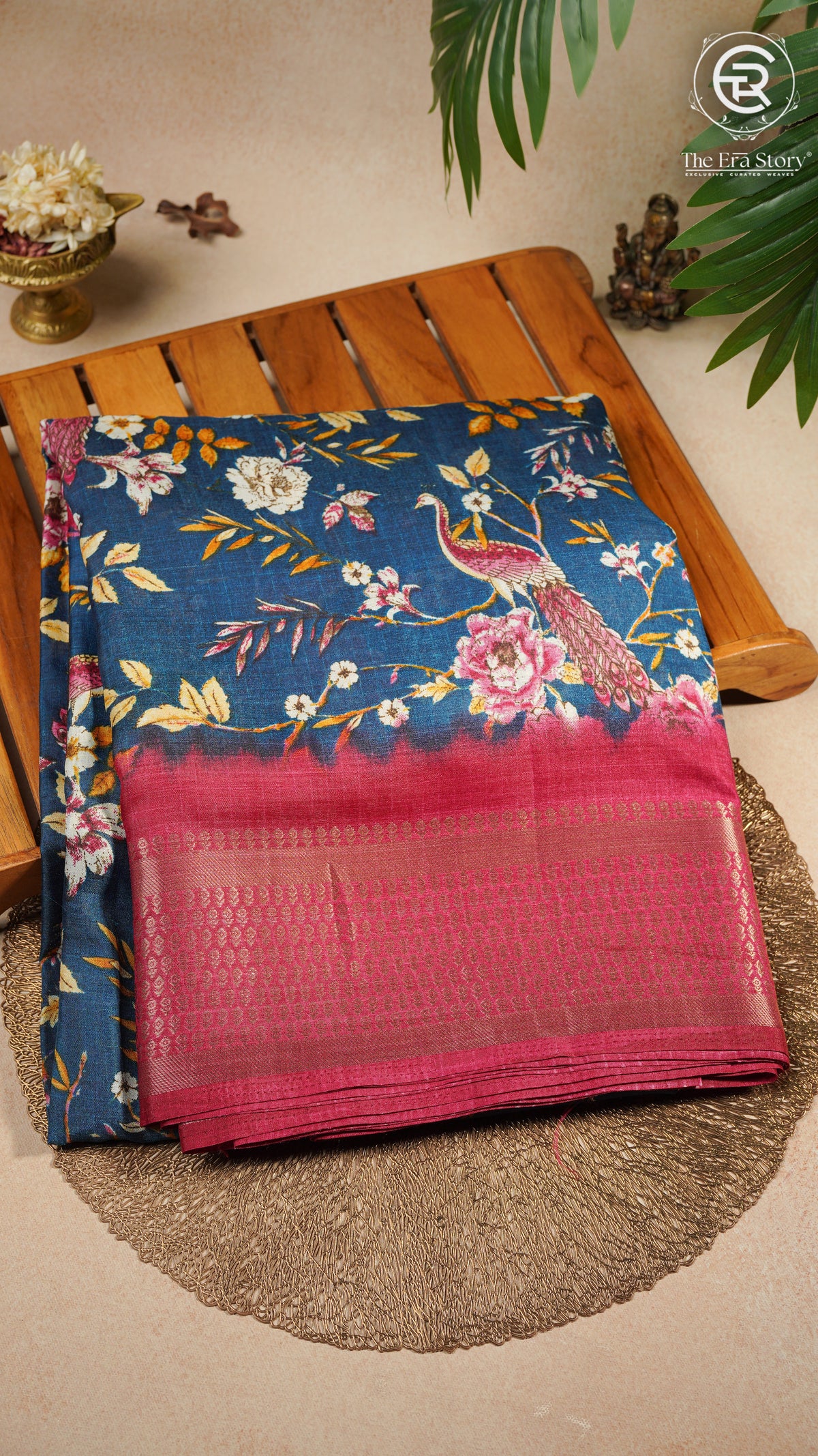 Blue with Red Floral and Peacock Viscose Dola Silk Saree