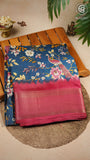 Blue with Red Floral and Peacock Viscose Dola Silk Saree