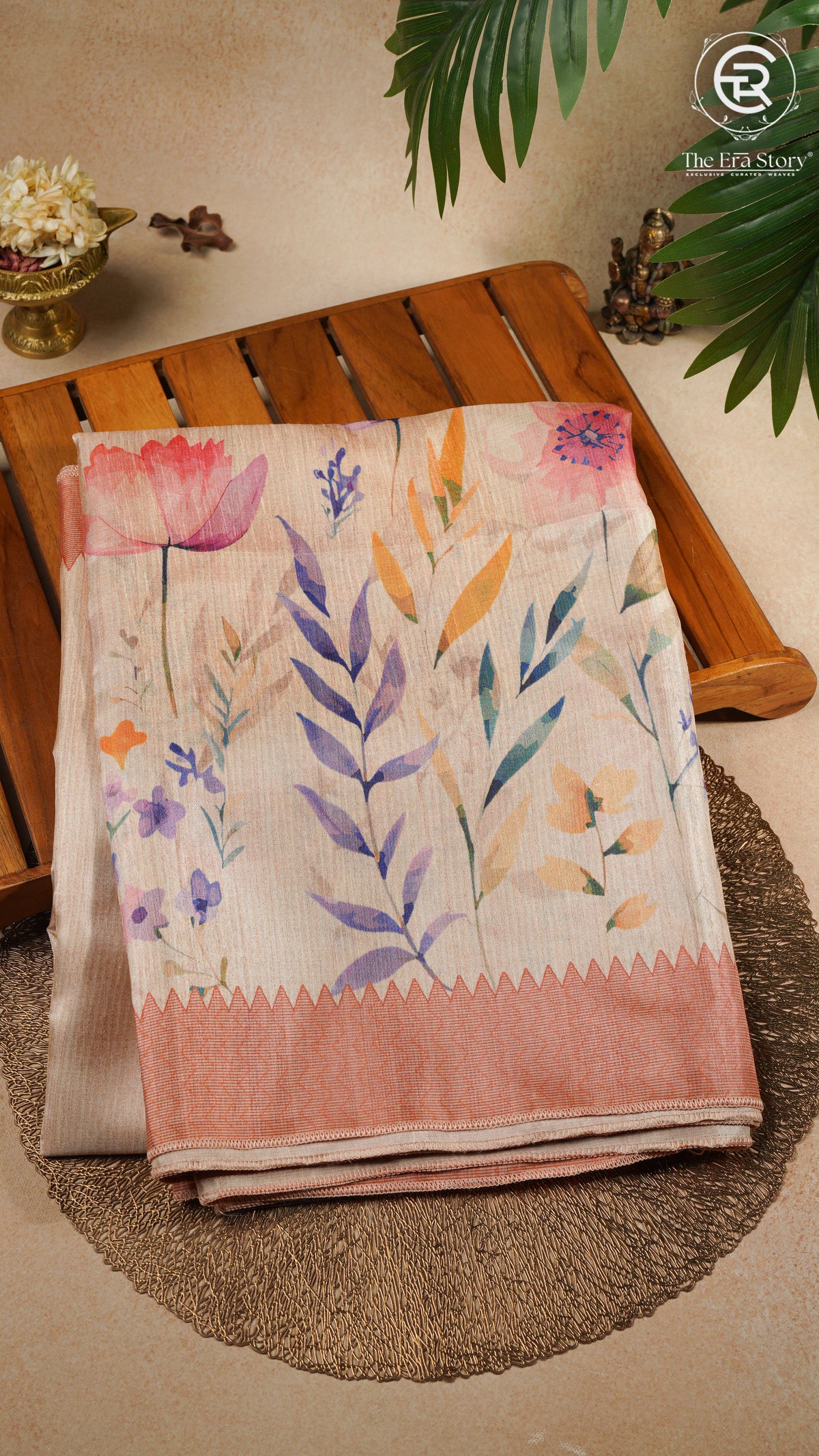 Orange Floral Patterned Tussar Silk Saree
