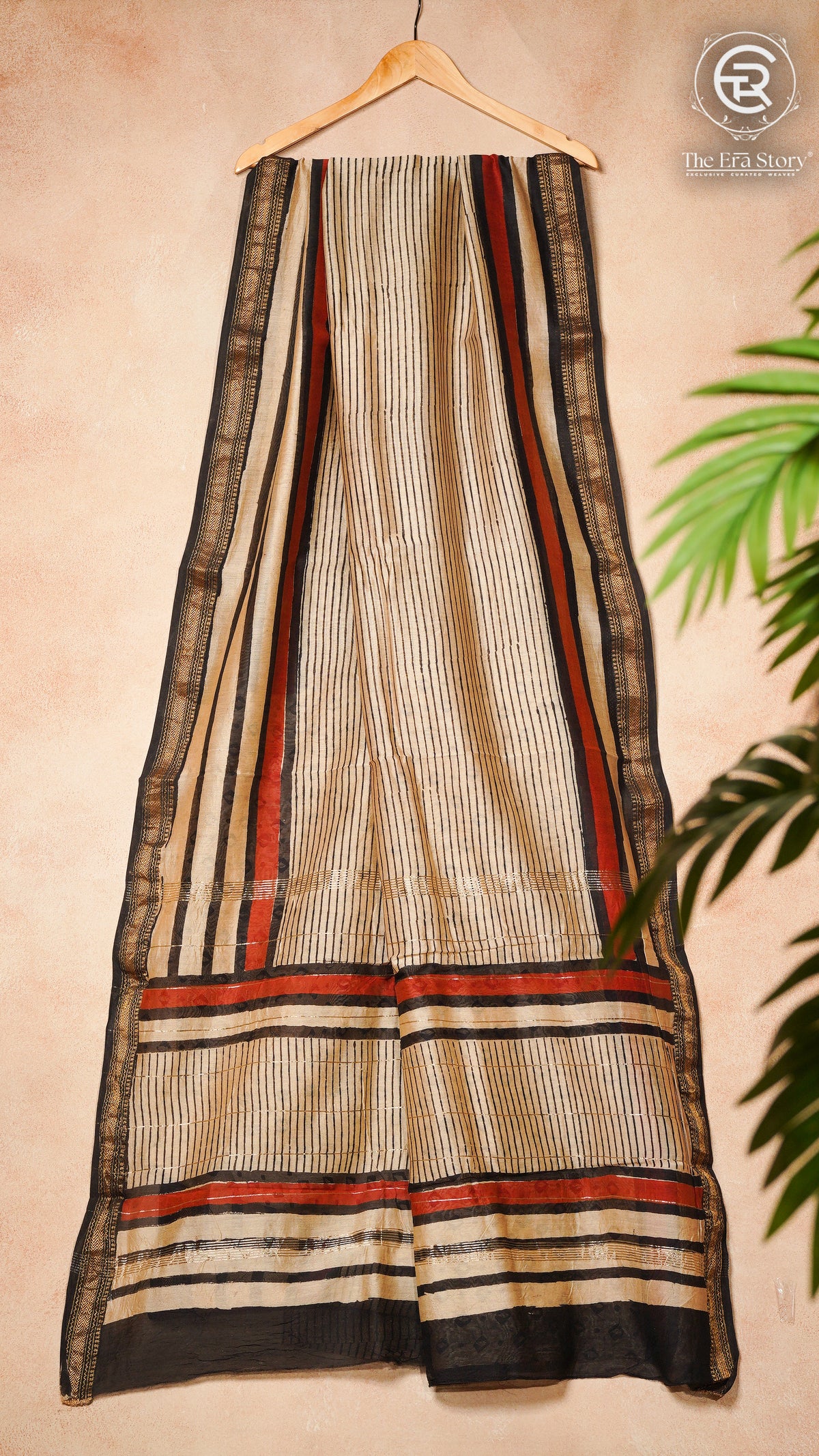 Beige & Maroon Geometric Handblocked Pure Maheshwari Silk Cotton Saree