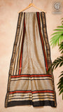 Beige & Maroon Geometric Handblocked Pure Maheshwari Silk Cotton Saree