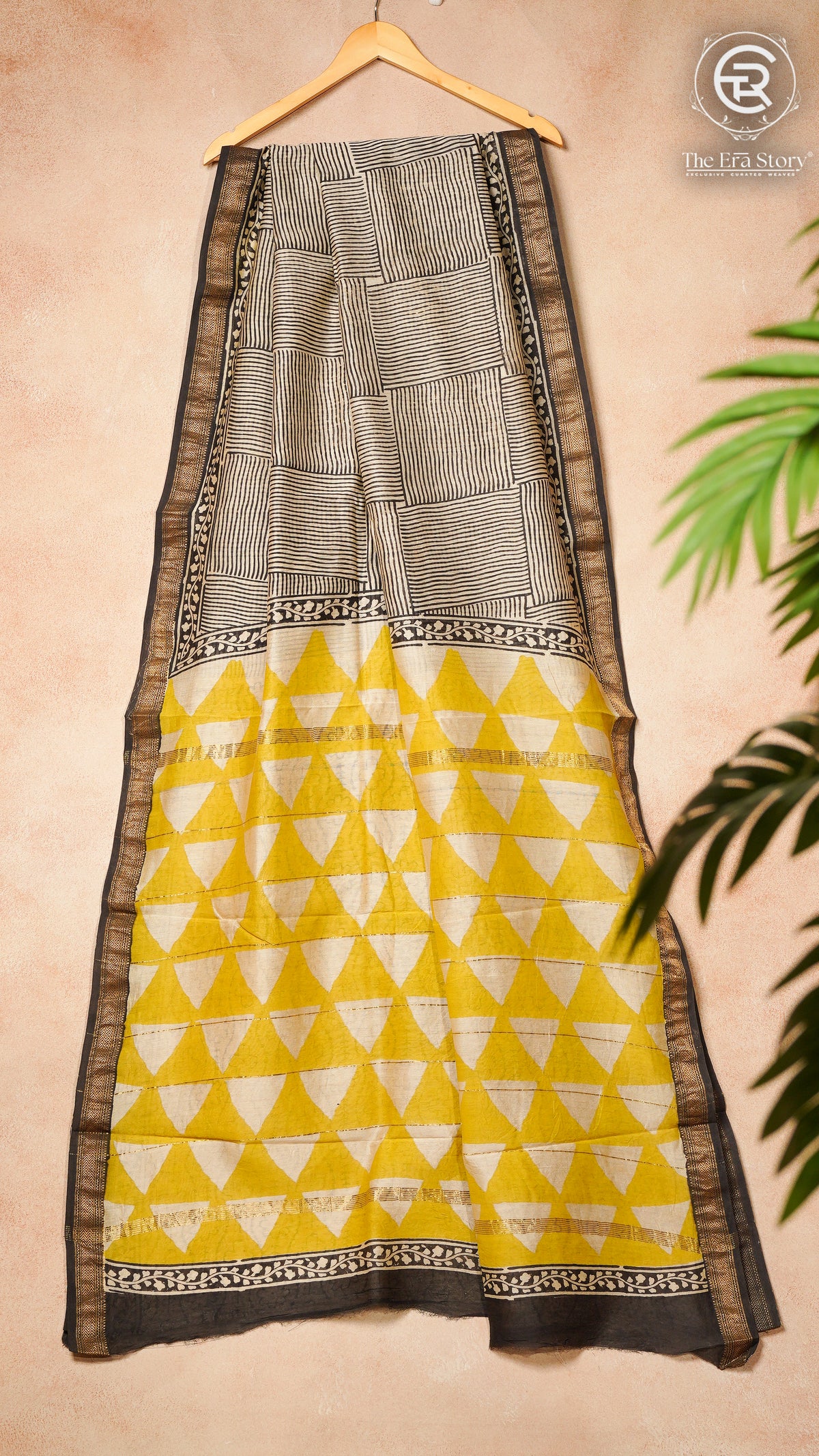 White Black and Yellow Contemporary Handblocked Pure Maheshwari Cotton Silk Sarees