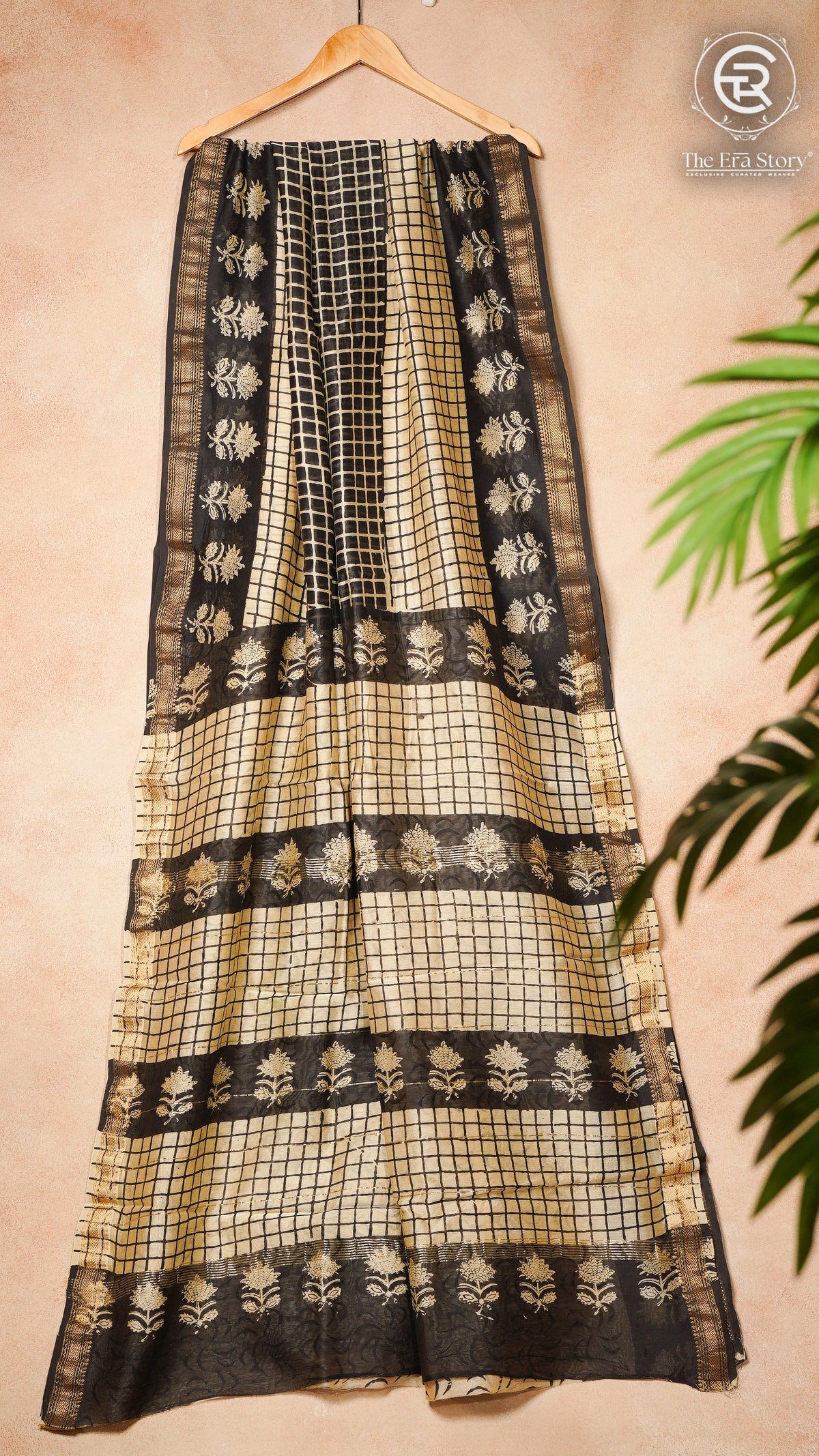 White and Black Checkered Handblocked Pure Maheshwari Cotton Silk Sarees
