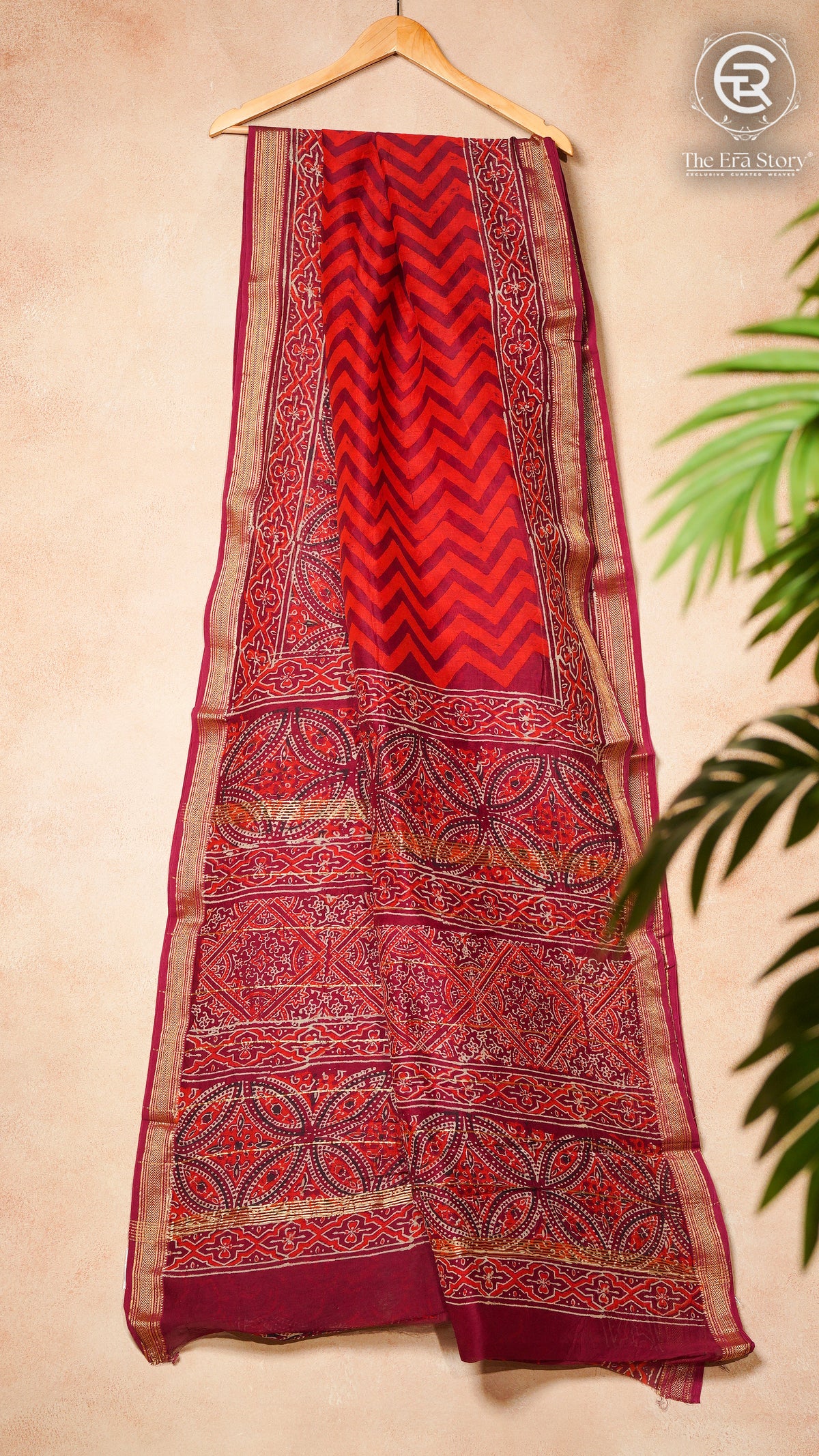 Red Maroon Handblocked Maheshwari Silk Cotton Saree