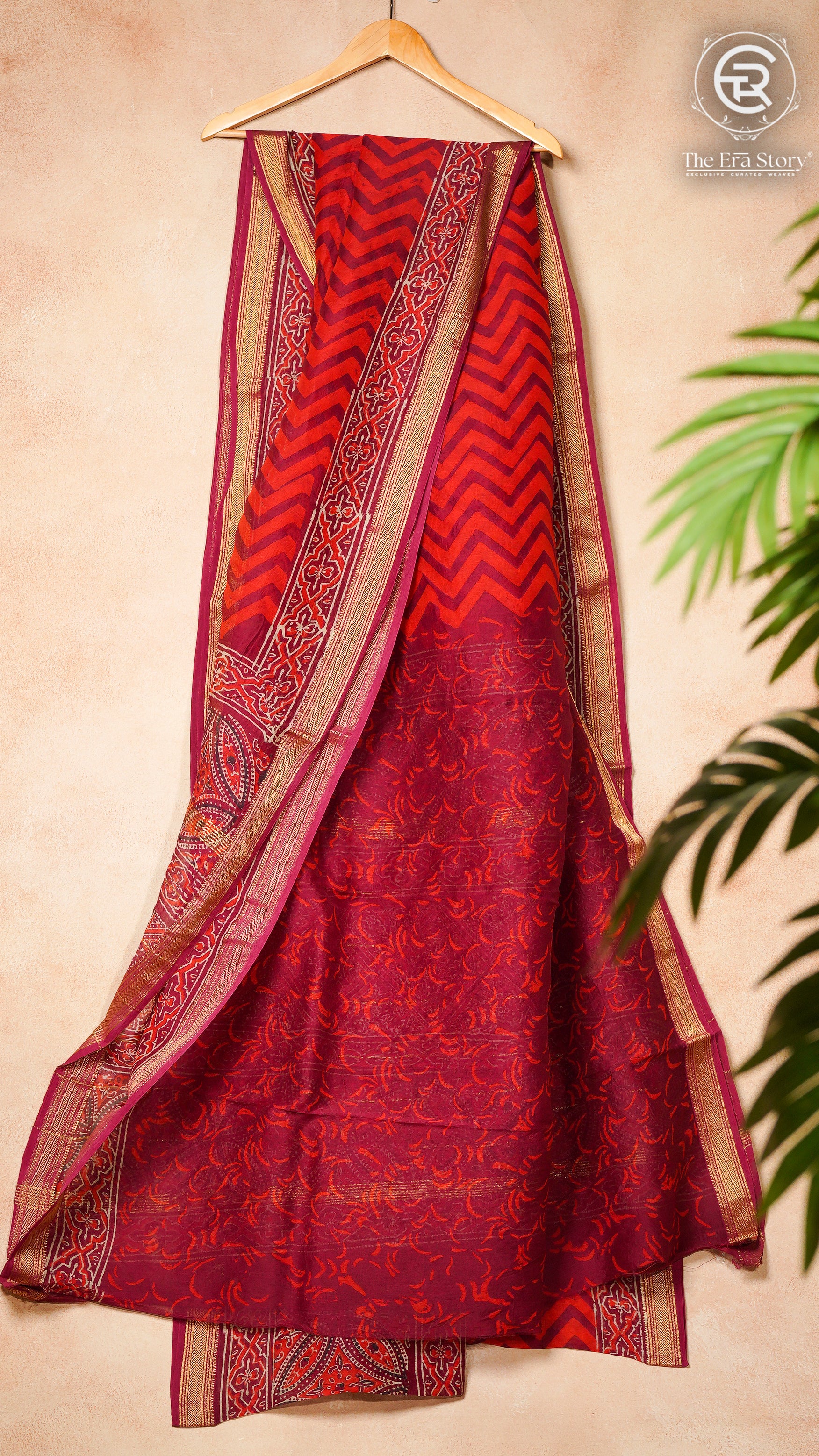 Red Maroon Handblocked Maheshwari Silk Cotton Saree
