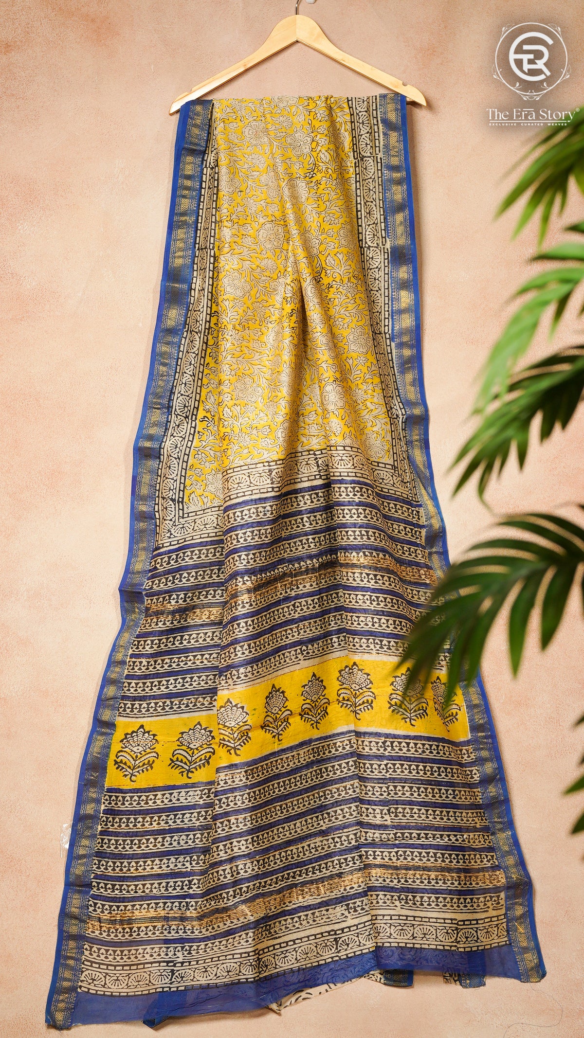 Yellow & Blue Handblock Maheshwari Silk Cotton Saree