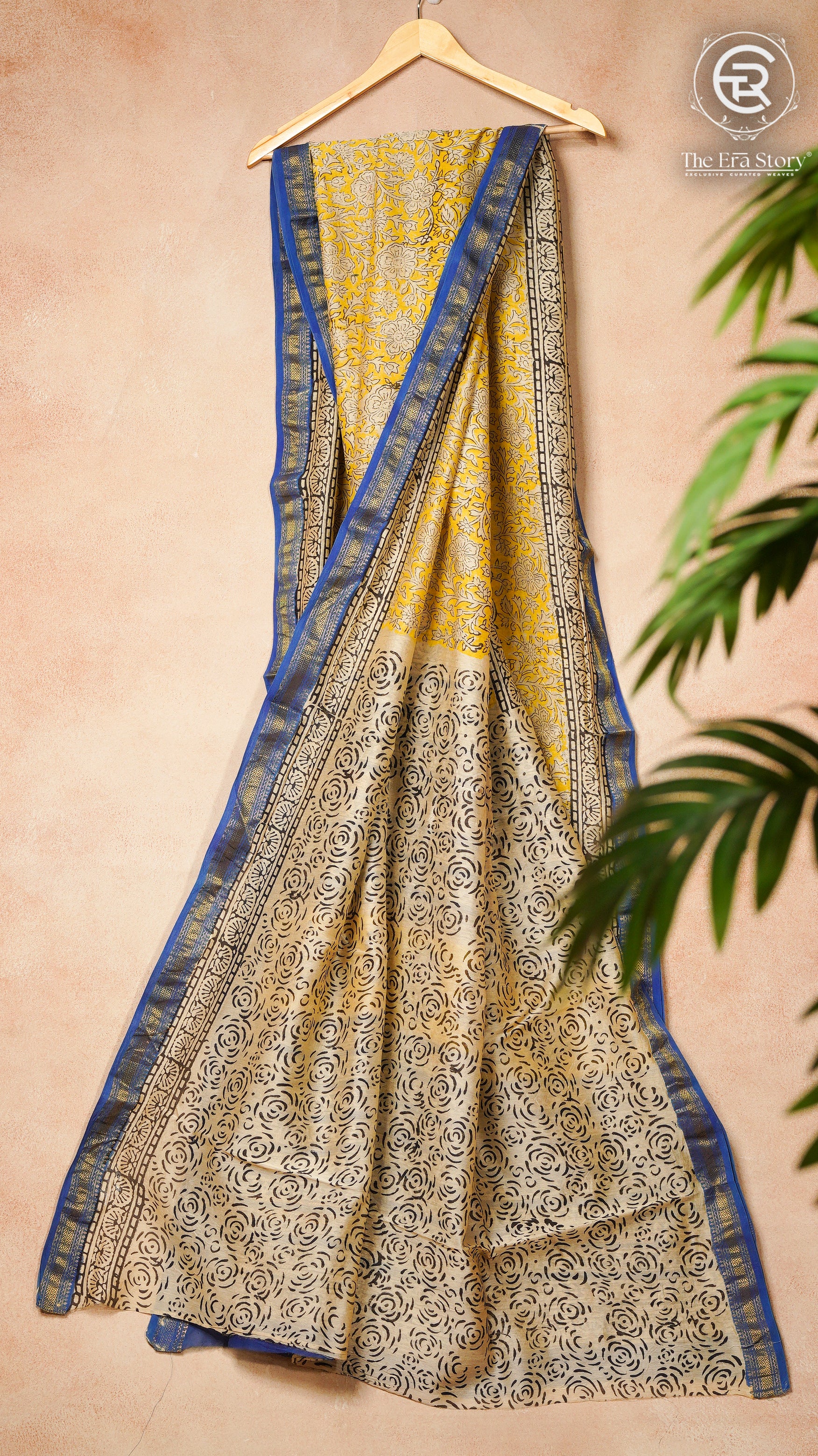 Yellow & Blue Handblock Maheshwari Silk Cotton Saree