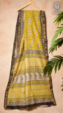 Yellow & Black Floral Handblocked Pure Maheshwari Cotton Silk Sarees