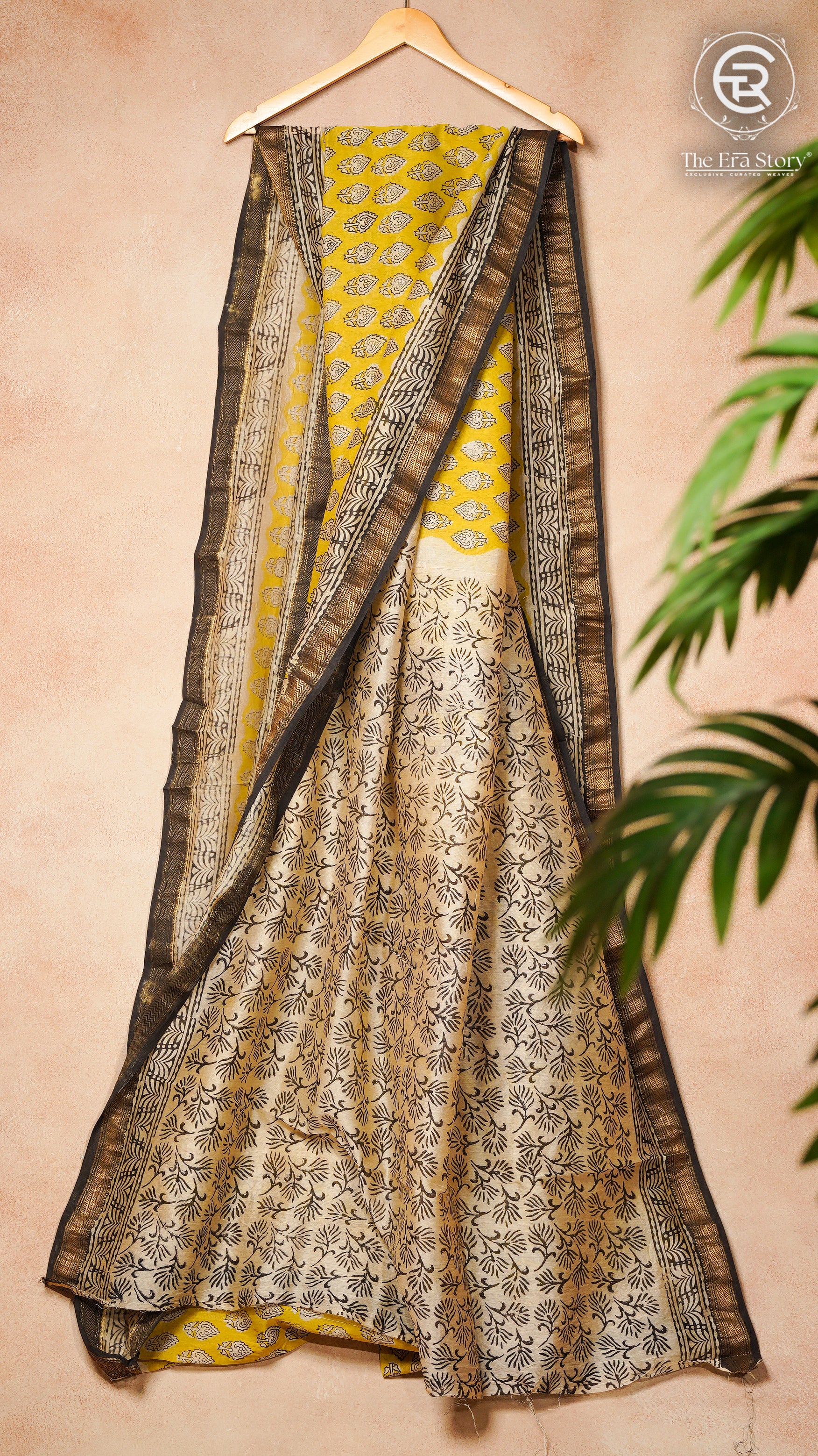 Yellow & Black Floral Handblocked Pure Maheshwari Cotton Silk Sarees