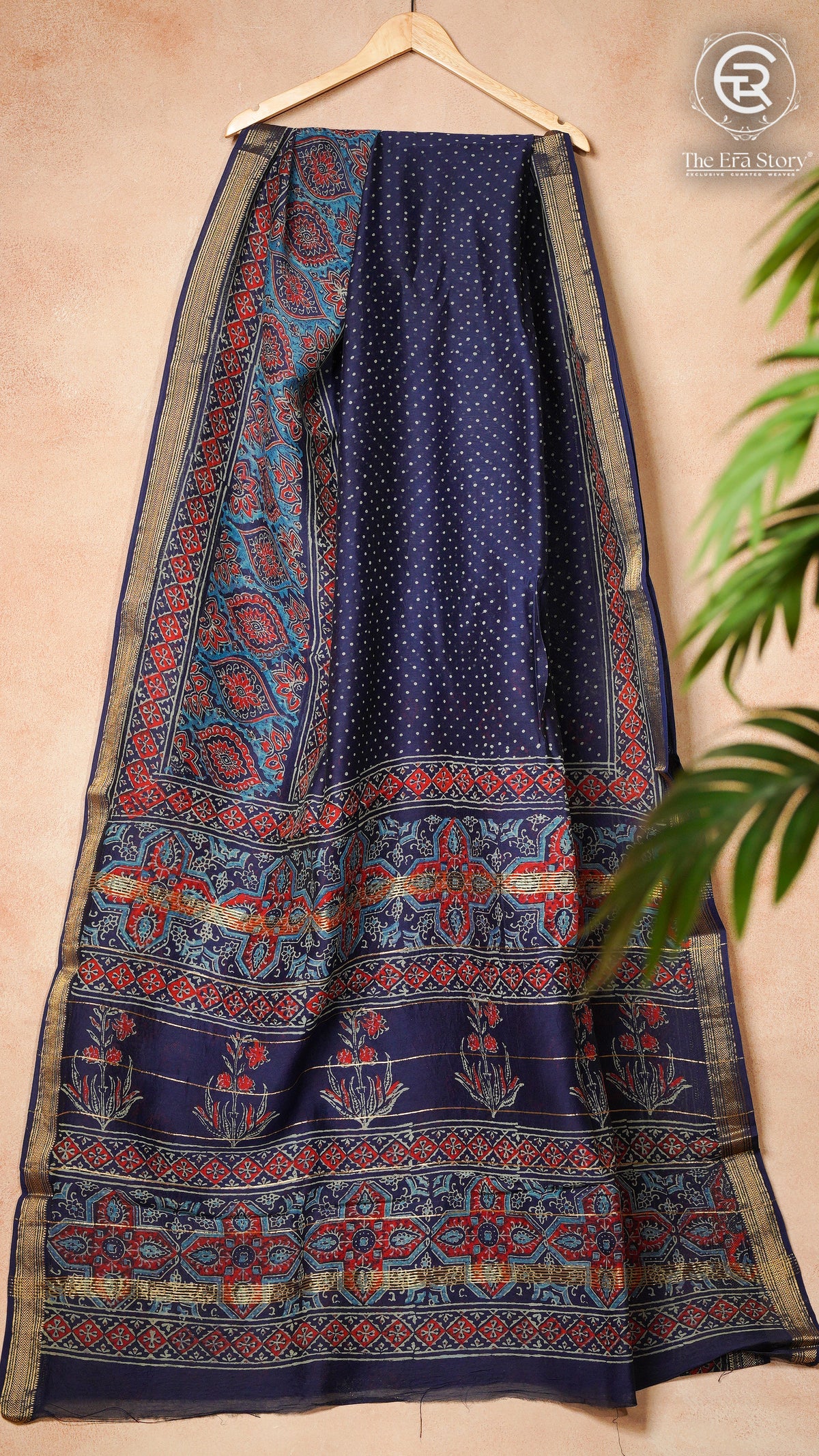 Navy Blue Floral Handblocked Pure Maheshwari Cotton Silk Sarees