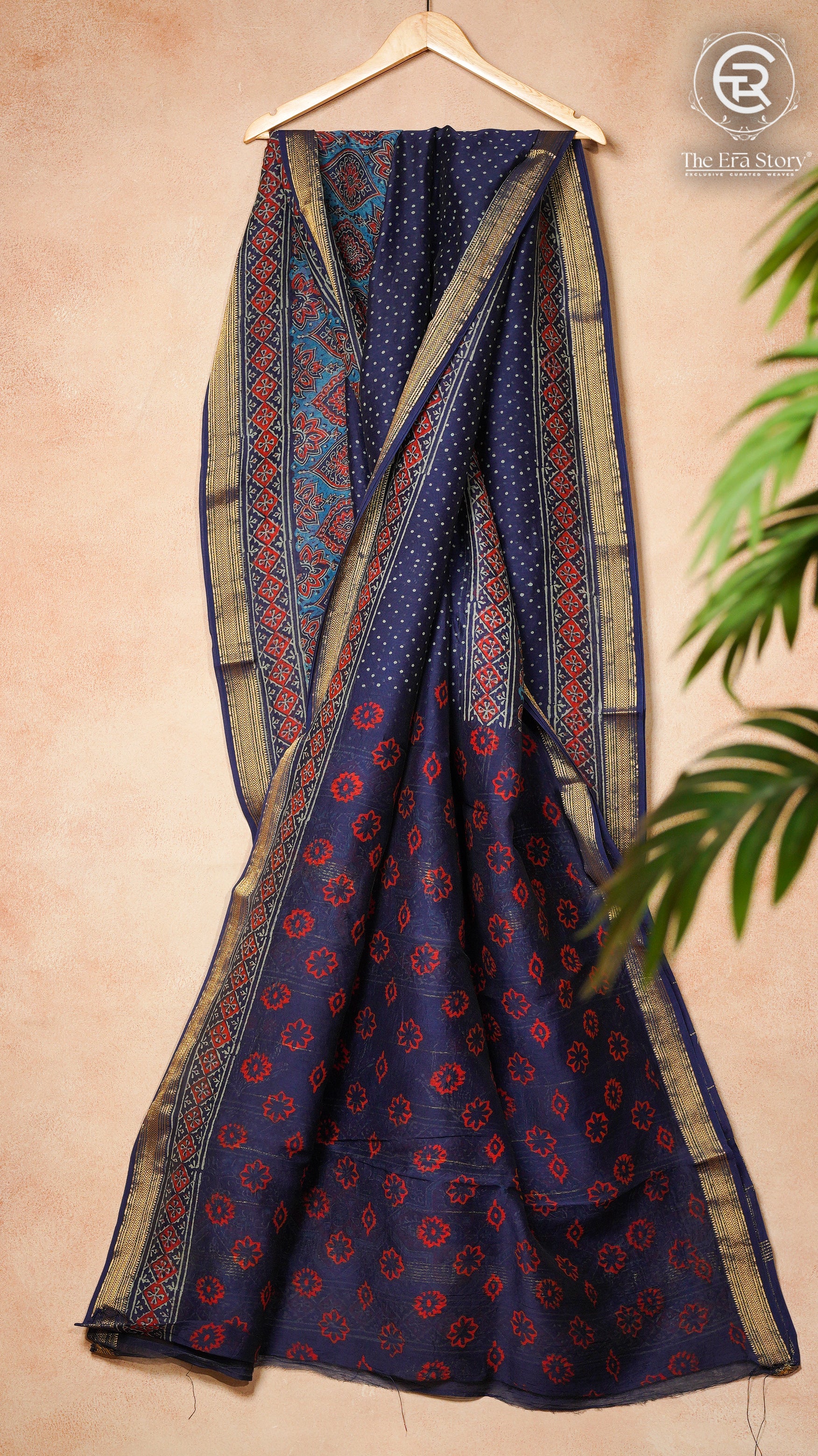 Navy Blue Floral Handblocked Pure Maheshwari Cotton Silk Sarees