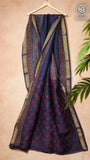 Navy Blue Floral Handblocked Pure Maheshwari Cotton Silk Sarees