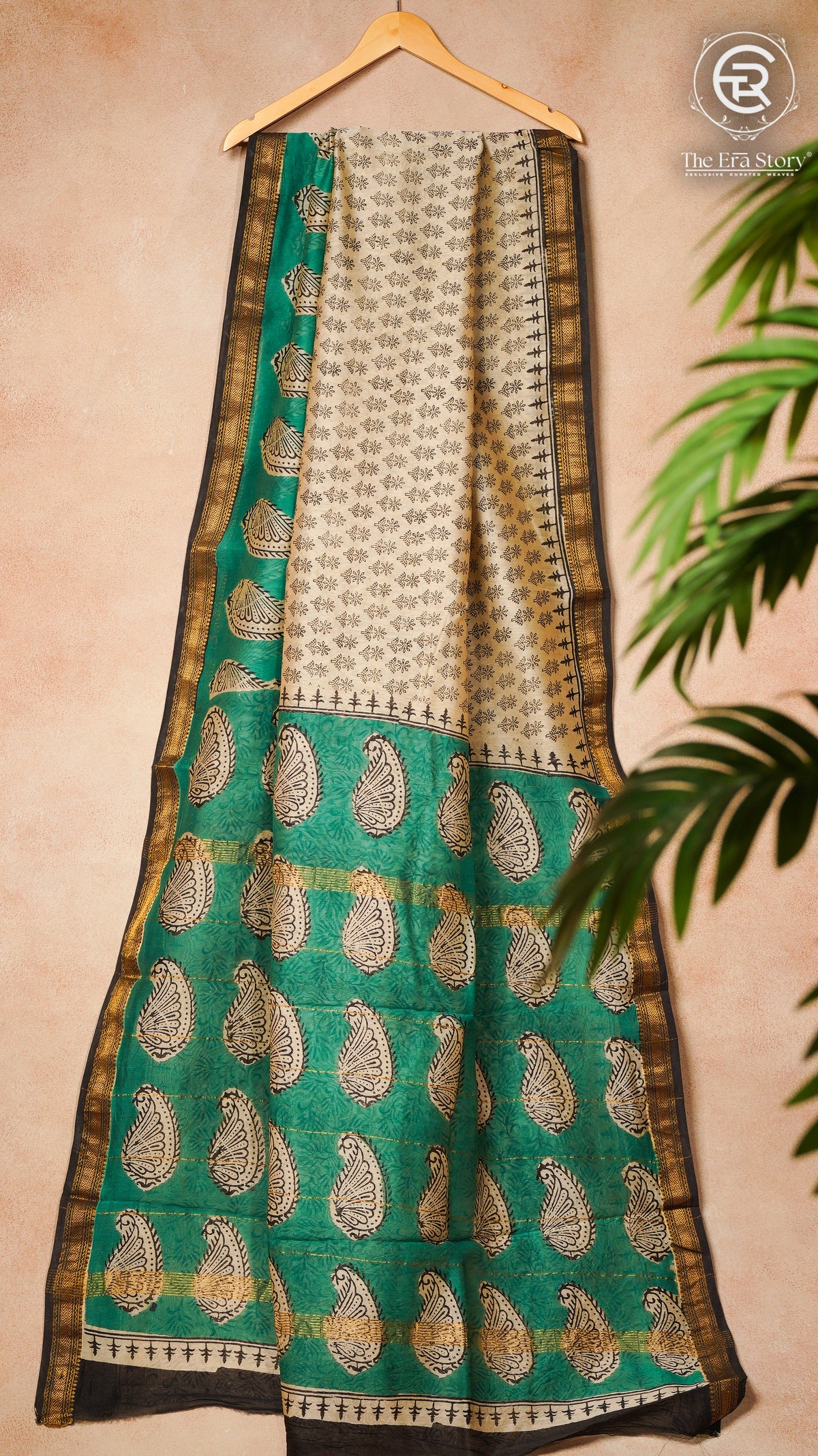 White & Green Handblock Maheshwari Silk Cotton Saree