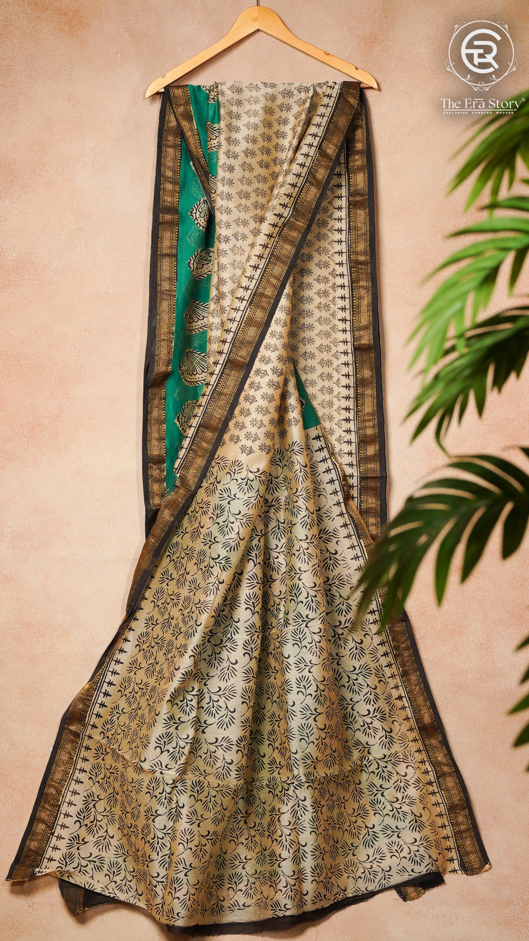 White & Green Handblock Maheshwari Silk Cotton Saree