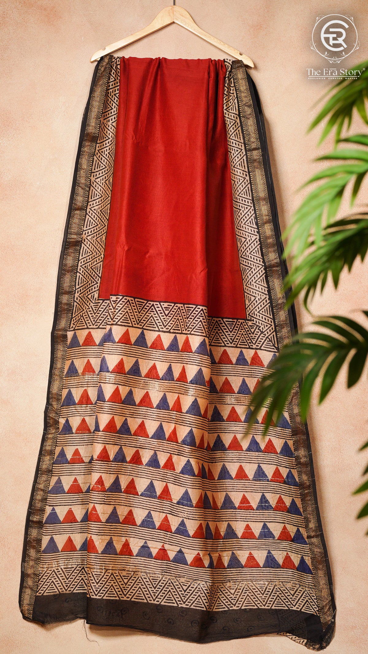Red Beige & Black Handblocked Maheshwari Silk Cotton Saree