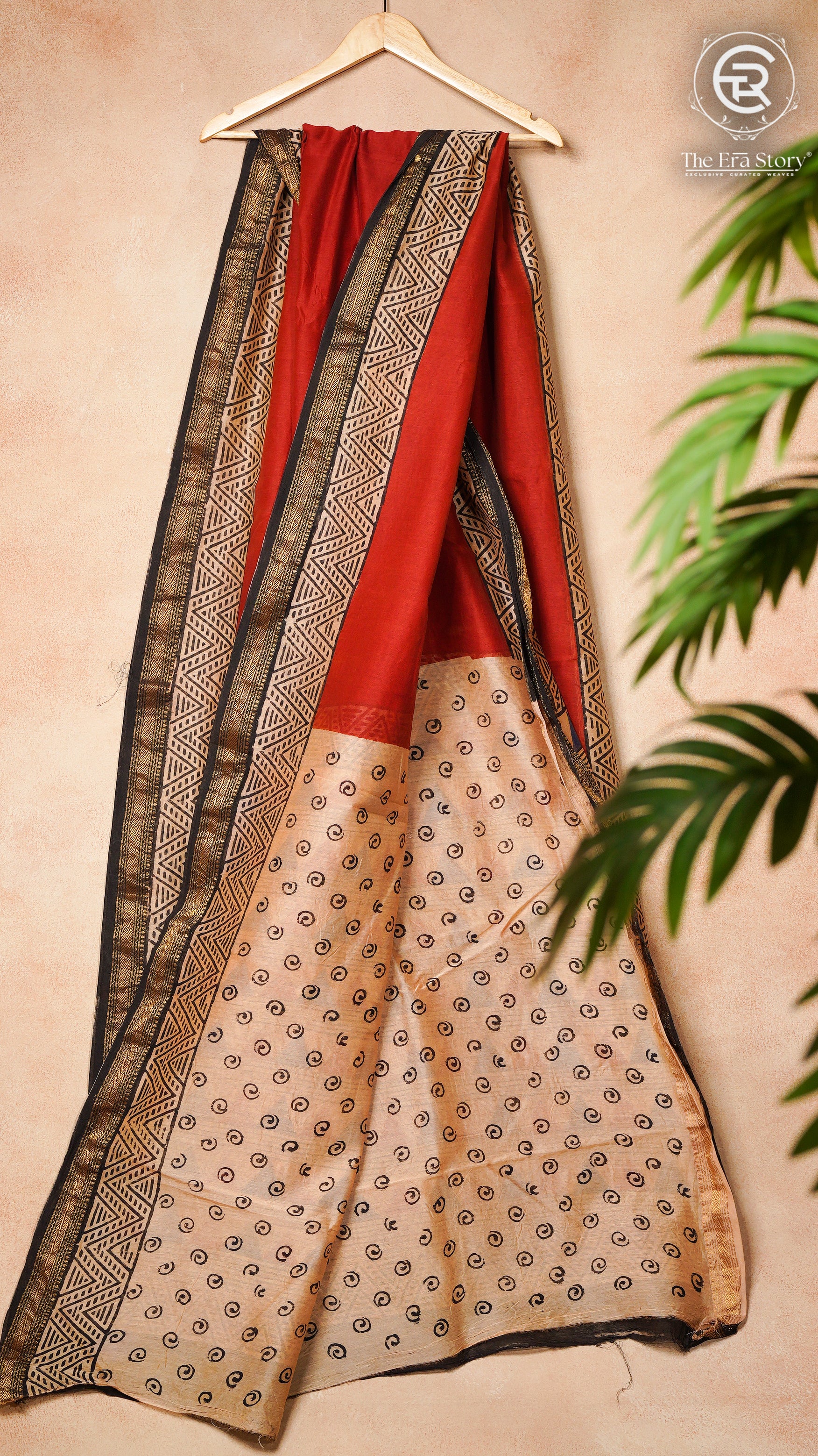 Red Beige & Black Handblocked Maheshwari Silk Cotton Saree