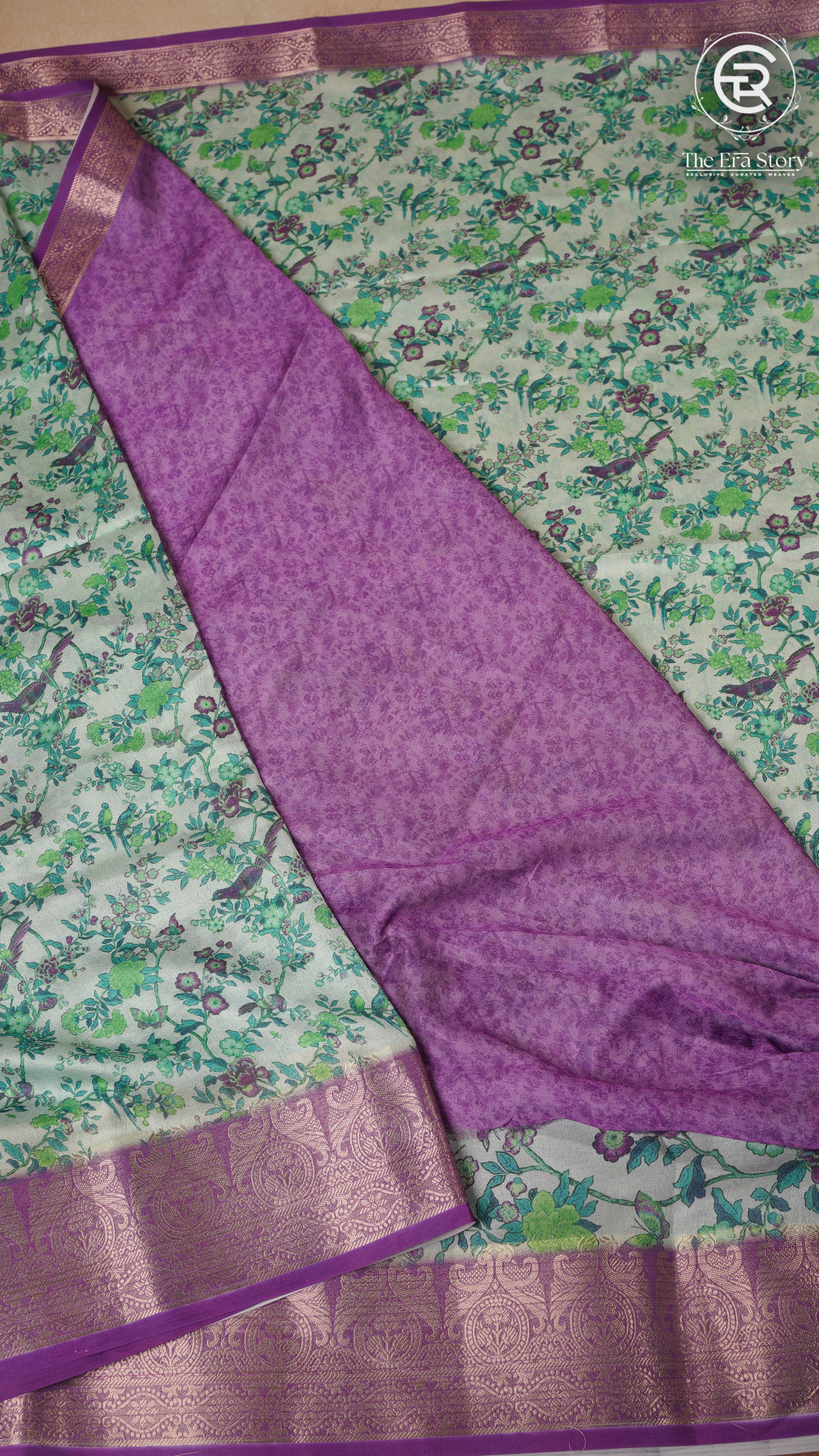 Green and Violet Floral and Bird Fancy Georgette Saree