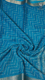 Olympic Blue Zig Zag Pattern with Floral Gold Brocade Traditional Border Fancy Georgette Saree