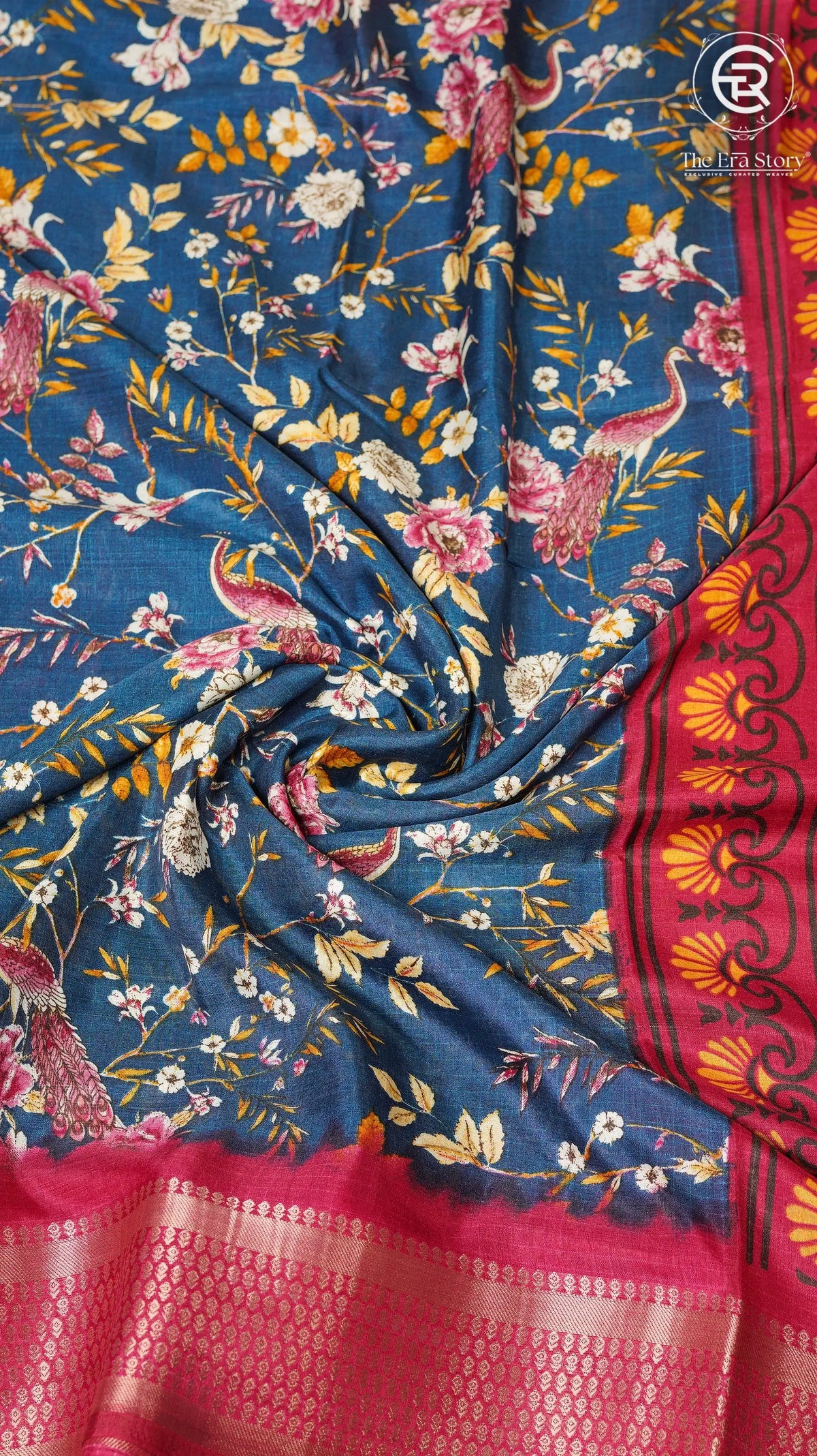 Blue with Red Floral and Peacock Viscose Dola Silk Saree