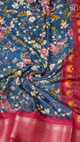 Blue with Red Floral and Peacock Viscose Dola Silk Saree