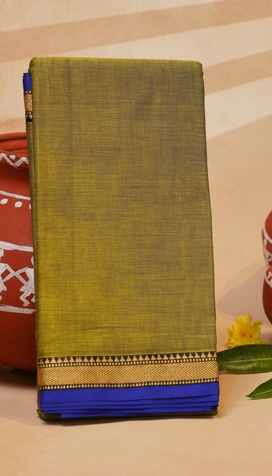 Olive Green and Blue Temple Narayanpet Handloom Cotton Saree