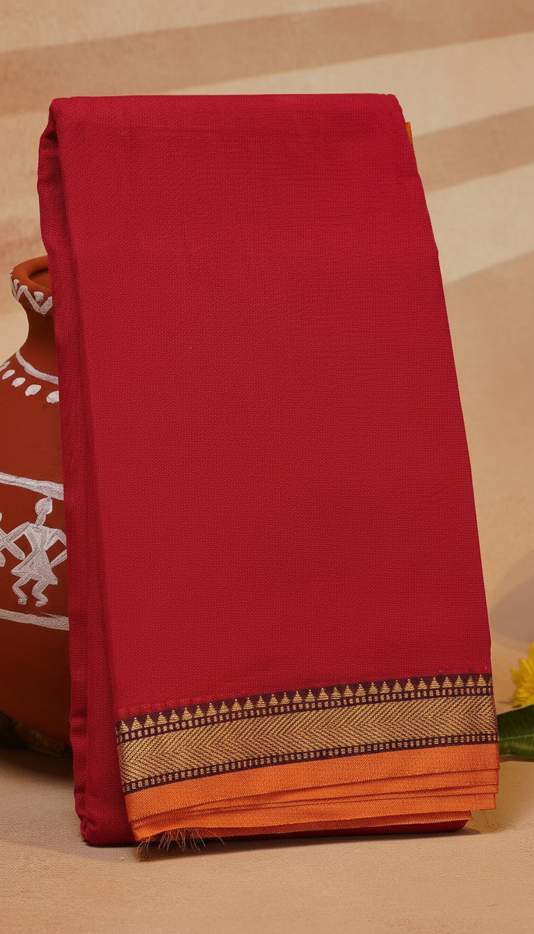 Dark Pink and Orange Temple Narayanpet Handloom Cotton Saree
