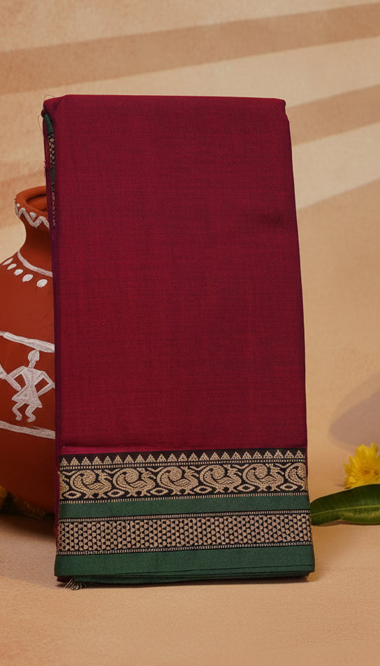Maroon and Green Peacock Narayanpet Handloom Cotton Saree