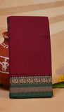 Maroon and Green Peacock Narayanpet Handloom Cotton Saree