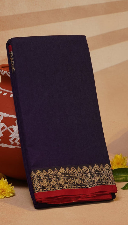 Navy Blue and Red Temple Narayanpet Handloom Cotton Saree