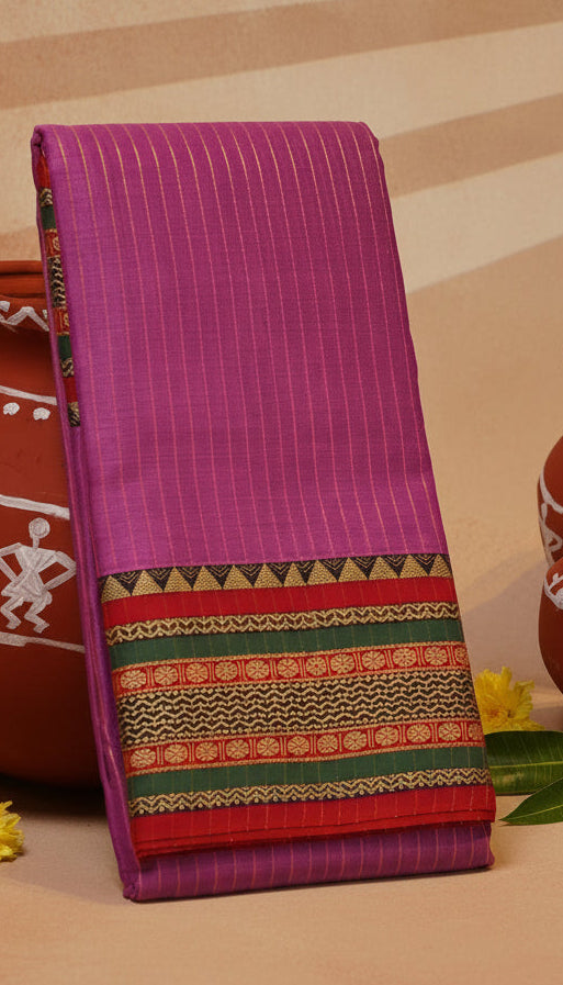 Lavender and Red Line Temple Narayanpet Handloom Cotton Saree