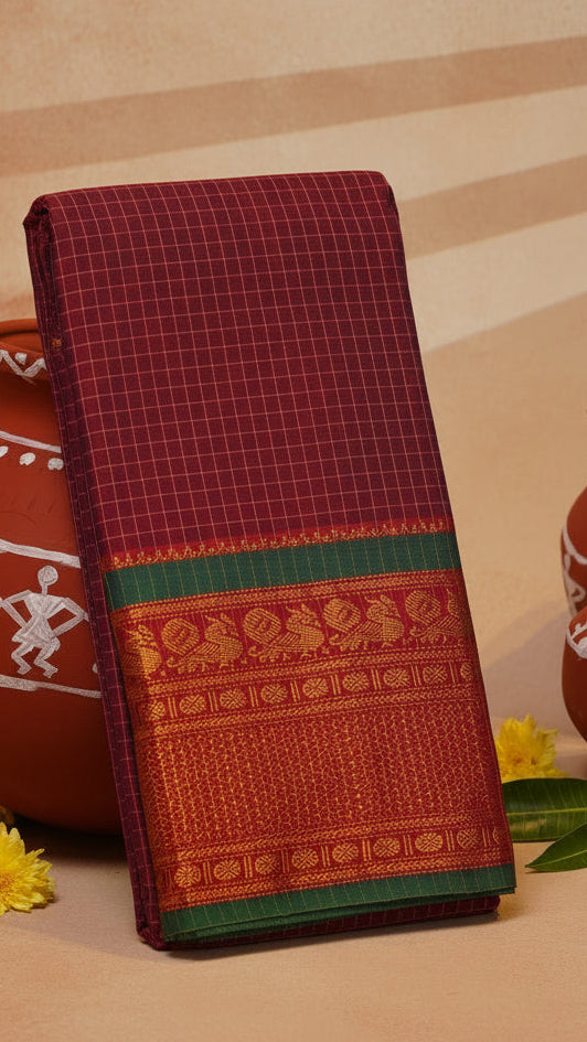 Maroon and Green Temple Border Narayanpet Handloom Cotton Saree
