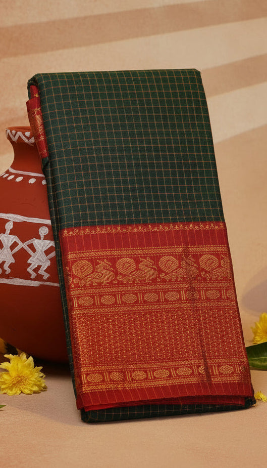 Green and Red Checkered Narayanpet Handloom Cotton Saree