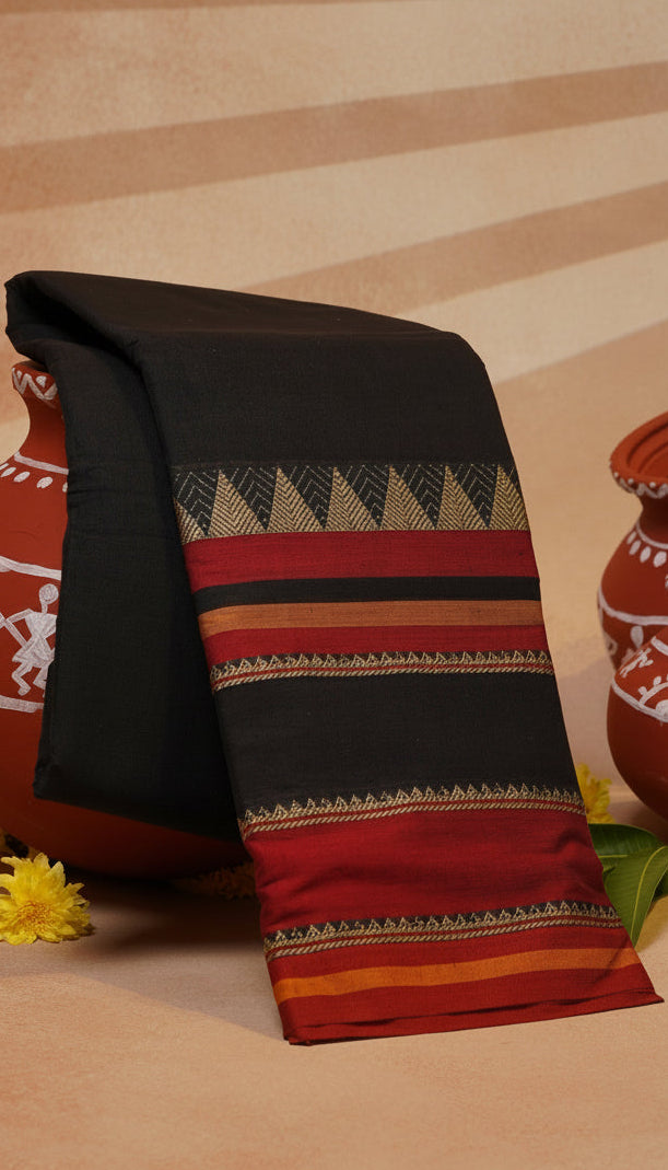 Black and Red Heavy Border Narayanpet Handloom Cotton Saree