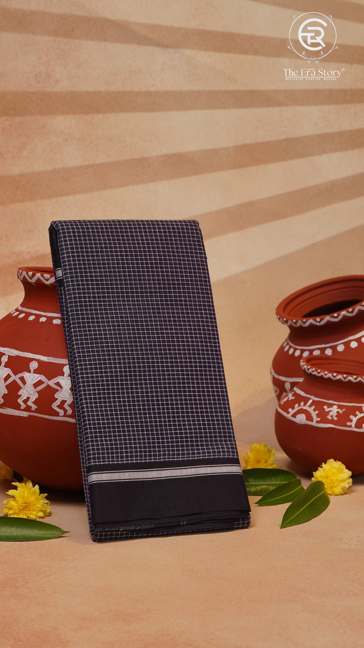 Dark Navy Blue Checkered Narayanpet Handloom Cotton Saree