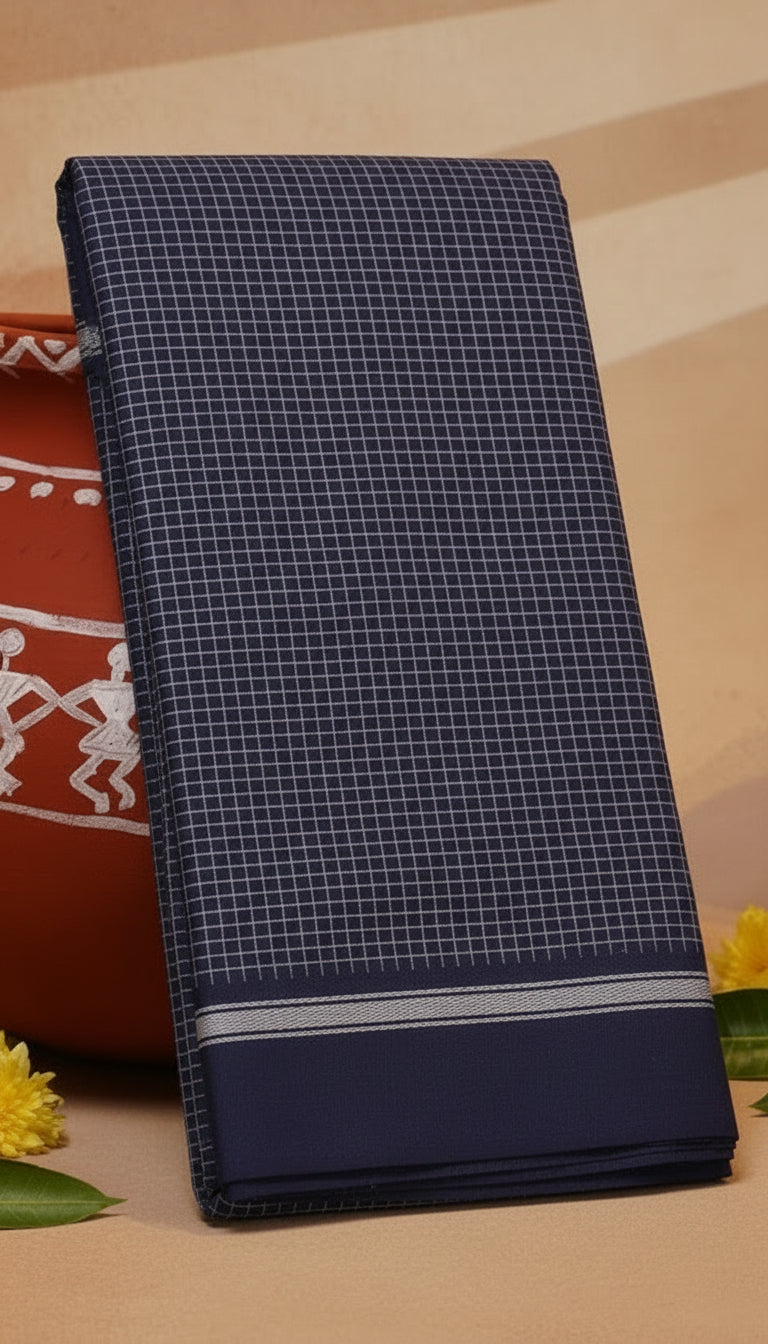 Dark Navy Blue Checkered Narayanpet Handloom Cotton Saree