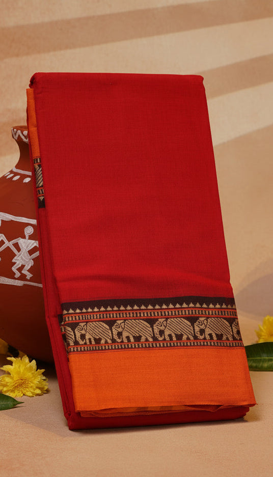 Orange and Bronze Elephant Border Narayanpet Handloom Cotton Saree