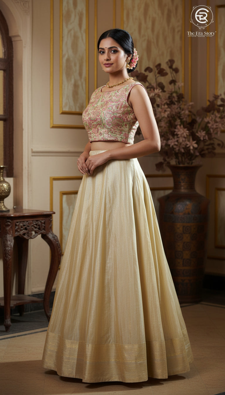 Pink & Beige Geometric Designer Silk Blouse