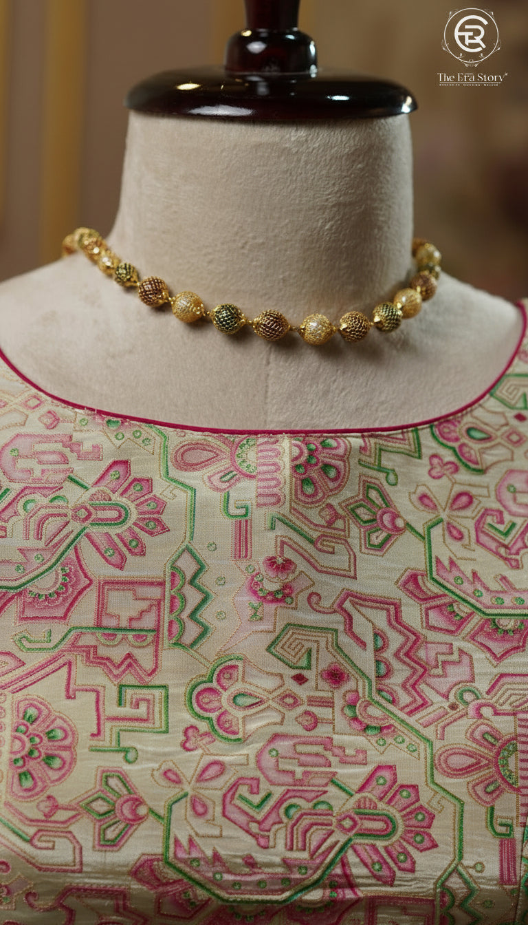 Pink & Beige Geometric Designer Silk Blouse