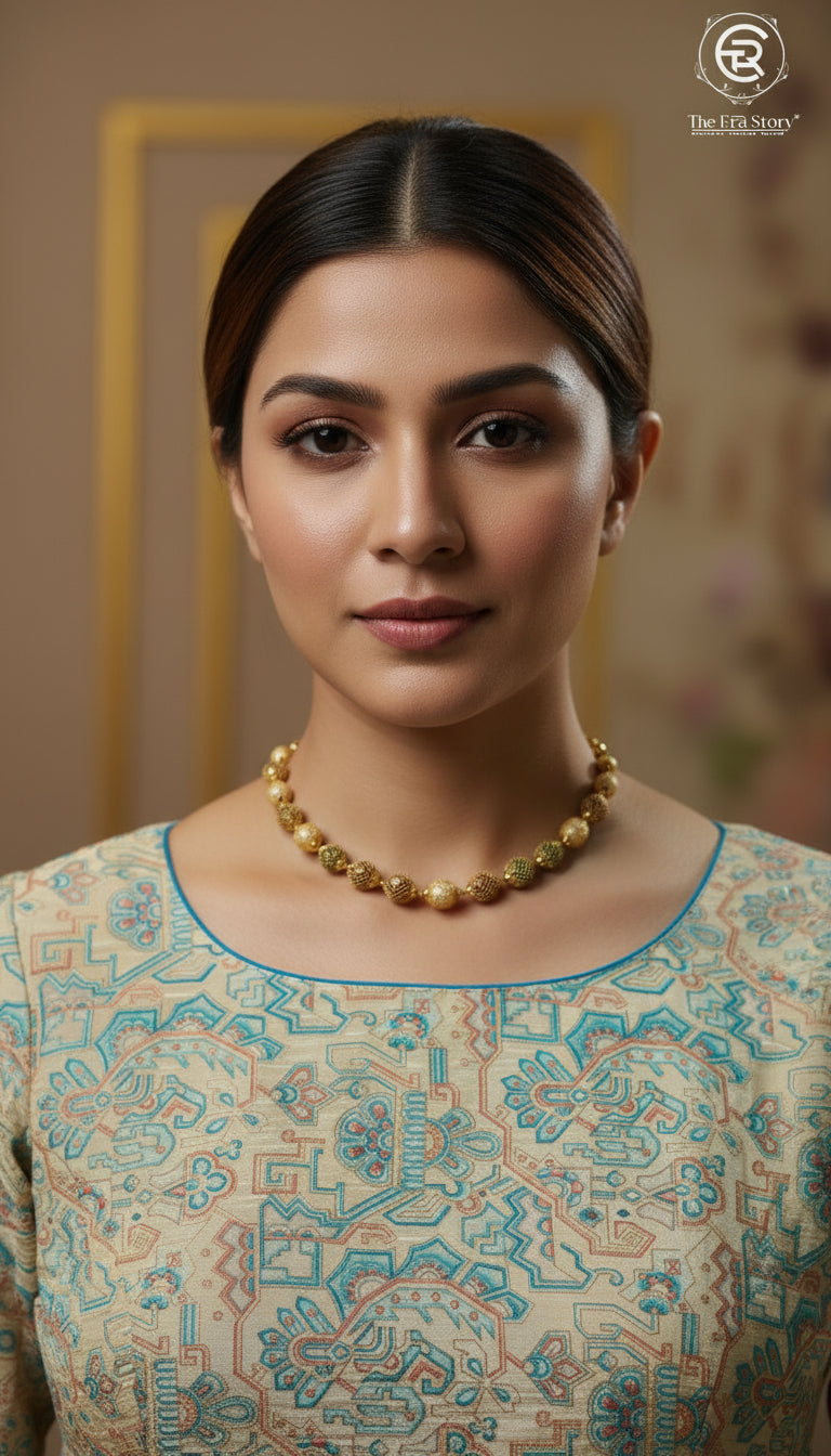 Sky Blue & Beige Geometric Designer Silk Blouse